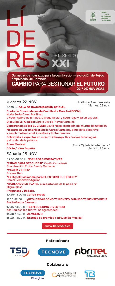 AytoHerencia's tweet image. 🌟 Jornadas Empresariales 22-23 nov.

🎤 Gala inaugural con el alcalde Sergio García-Navas, Emilio G. Carrasco y David Meca.

💻 Ponencias de Susana Ruíz, Daniel F. Aguilar y Miguel Sosa sobre liderazgo, IA y más.

 ¡Inscríbete ya! 👉 herencia.es/jornadasempres…

Musica:fiftysounds