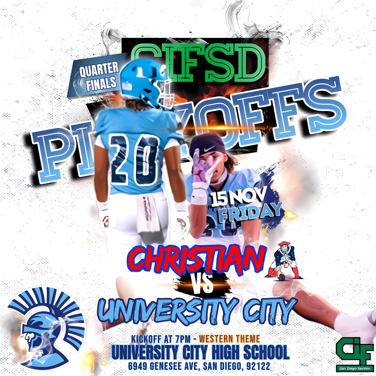 CenturionFB's tweet photo. Playoffs Time! It's win or go home. Come out, pack UC Stadium tonight, and cheer on your Centurions football teams as we face Christian High School in our quarter-final matchup #UCityFootball #WhyNotUC 🙌🏽 https://t.co/7WJyvd6ME9