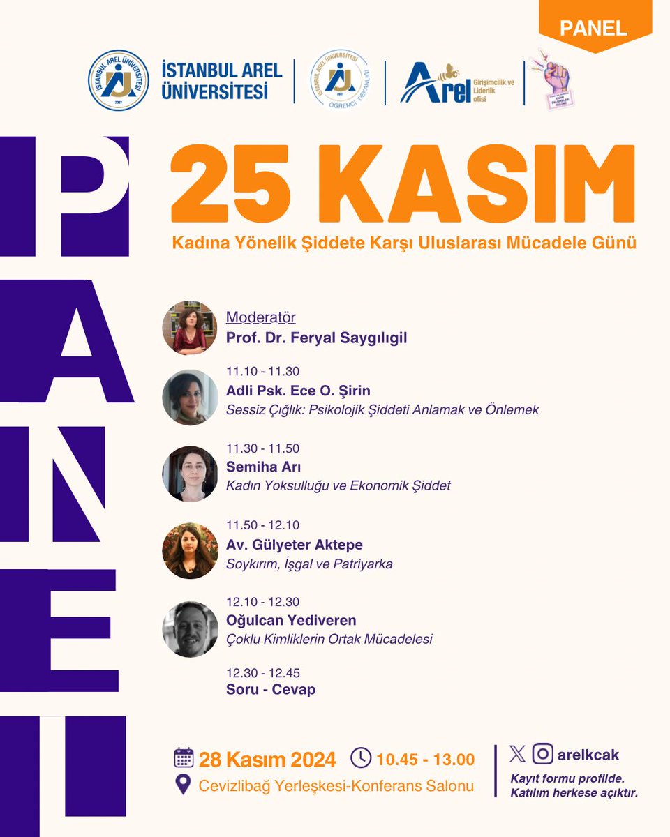 Kadın Çalışmaları Kulübü olarak 25 Kasım Kadına Yönelik Şiddete Karşı Uluslararası Mücadele Günü kapsamında her sene düzenlediğimiz panelin bu yıl üçüncüsünde buluşuyoruz.

🗓️28.11.2024
🕑10.45-13.00
📍Cevizlibağ Yerleşkesi, Konferans Salonu

Kayıt Formu: forms.gle/j2HZ68CzWLgymM…