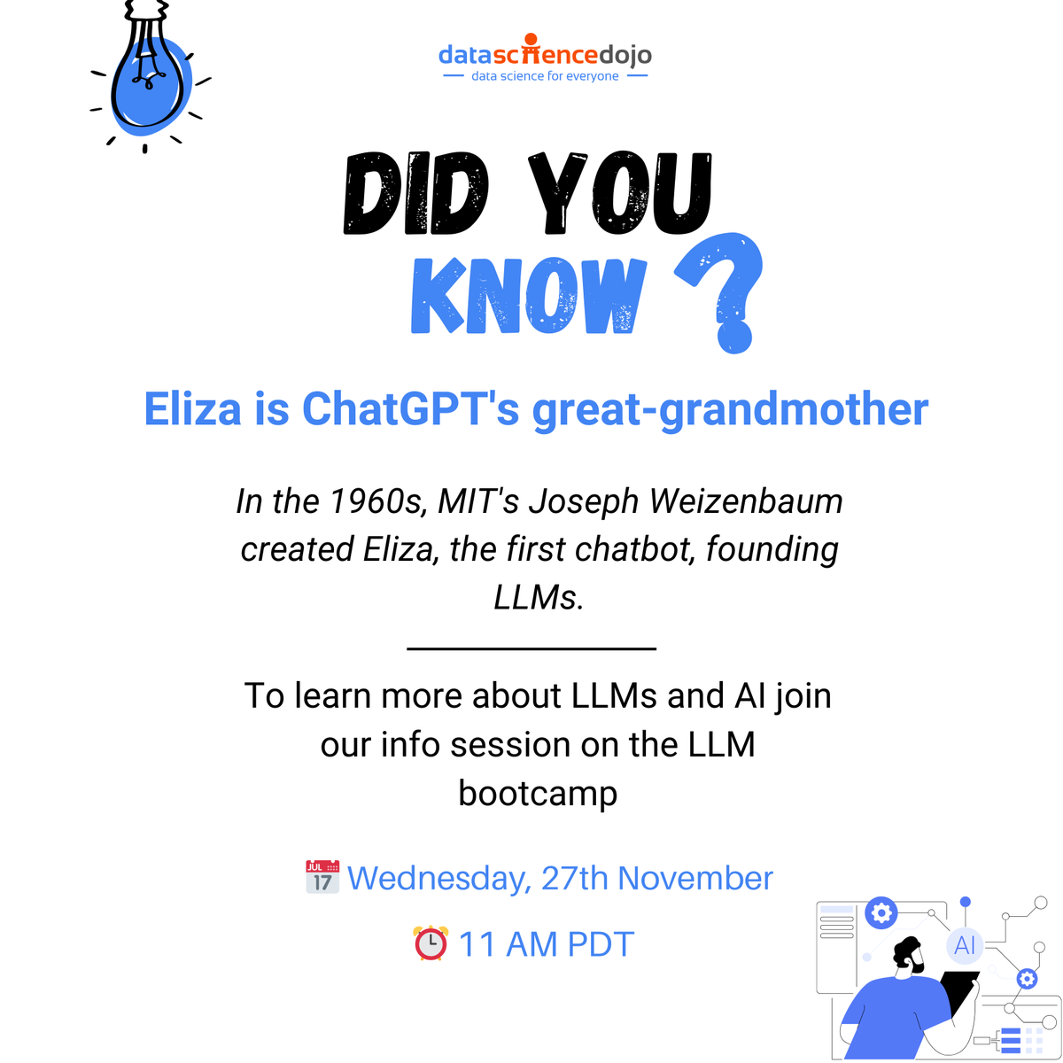 DataScienceDojo's tweet image. 🚀 Ready to dive into the world of Large Language Models? Join us for an exclusive LLM Bootcamp Info Session on November 27th at 11 AM PDT! 🌐 
📅 RSVP now: hubs.la/Q02YhBxF0

#llm #largelanguagemodel #ai #finetuning #rag