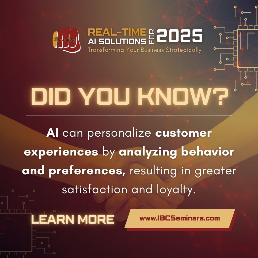 🧠 DID YOU KNOW? AI can personalize customer experiences by analyzing their behavior and preferences. This can lead to increased customer satisfaction and loyalty.💡 ➡️ IBCSeminars.com 

Don't miss out and elevate your business TODAY! 
#AI #RealTimeAISolutions #IBCWorks