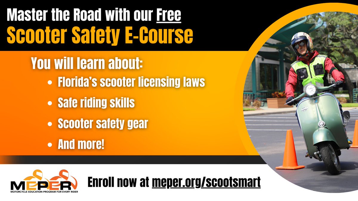 RideSmartFL's tweet image. 🚨 Ready to master the road on your scooter? 🛵 Sign up for our FREE Scooter Safety E-Course and learn everything from Florida’s scooter laws to essential riding skills.👉 Enroll today: meper.org/scootsmart #ScooterSafety #RideSmartFL #MEPER