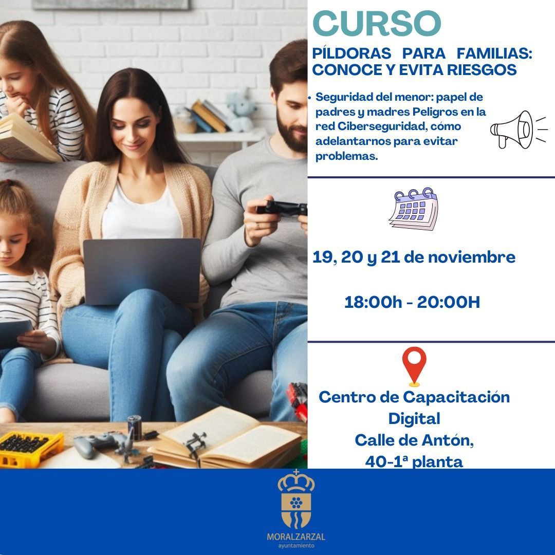 Moralzarzal's tweet photo. ¿Te has apuntado ya? #Curso presencial Píldoras para #familias: conoce y evita #riesgos en #internet. #Gatis, 19, 20 y 21 de #noviembre 18h. Centro de #CapacitaciónDigital de #Moralzarzal. El Hogar. Tl. 900423270. soporte@madridauladigital.org. https://t.co/lot1y1oyVa https://t.co/xwgNoEAExE