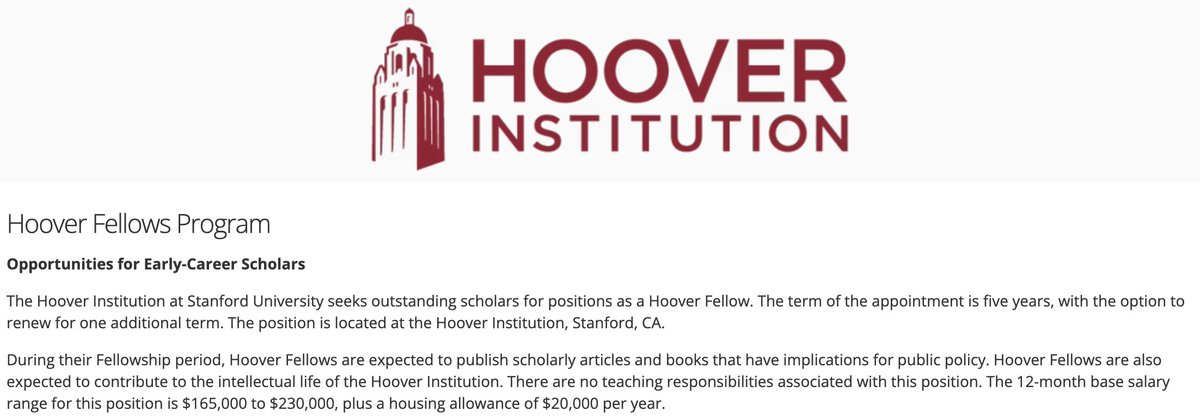 #econjobmarket candidates, as you're cramming in those 11/15 apps, don't forget Hoover Fellow (<a href="/HooverInst/">Hoover Institution</a>) apps are due Monday 11/18!

--&gt; Up to 10 years. 100% own research time - no teaching, no splitting time on other projects. Great pay. Great location. Friendly colleagues.