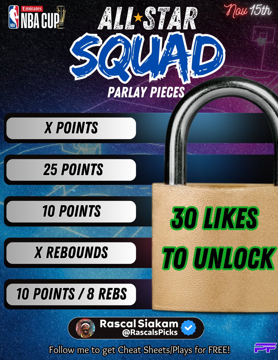 👀 Y’all been asking, so here it is... The next All-Star Squad is ready to drop, with combined odds of +1000! 🚀

Just need 30 likes to unlock it!  Hit that ❤️ and let’s cash in together. 🏀💰

#GamblingTwitter #NBAParlay #RascalsPicks #NBA #NBACup #GamblingX #Sports