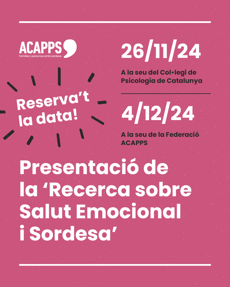federacioacapps's tweet photo. 🩷 Treballem per millorar l'atenció emocional per a les persones amb sordesa i les seves famílies.
🧑🏫 Farem dues presentacions de la 'Recerca sobre Salut Emocional i Sordesa' que hem dut a terme de manera conjunta #ACAPPS i el Col·legi Oficial de Psicologia de Catalunya. https://t.co/1c7ryFbBCG