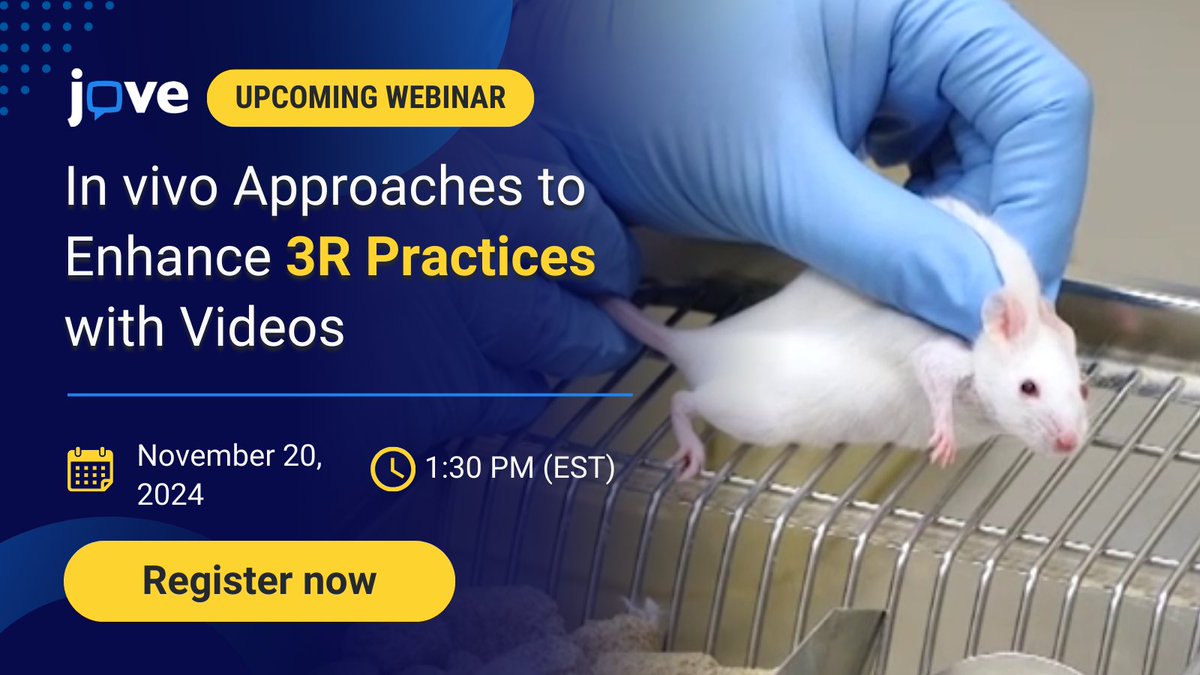 JoVEJournal's tweet photo. 🧪 Join our upcoming webinar on "In Vivo Approaches to Enhance 3R Practices with Videos." 🎥
📅 Date &amp; Time: Wednesday, November 20 at 1:30 PM (EST)

📝 Register now &amp; secure your spot! 👉 https://t.co/YdX9wzWdVt

#InVivoResearch #JoVEWebinar https://t.co/6l1dPkvq4r