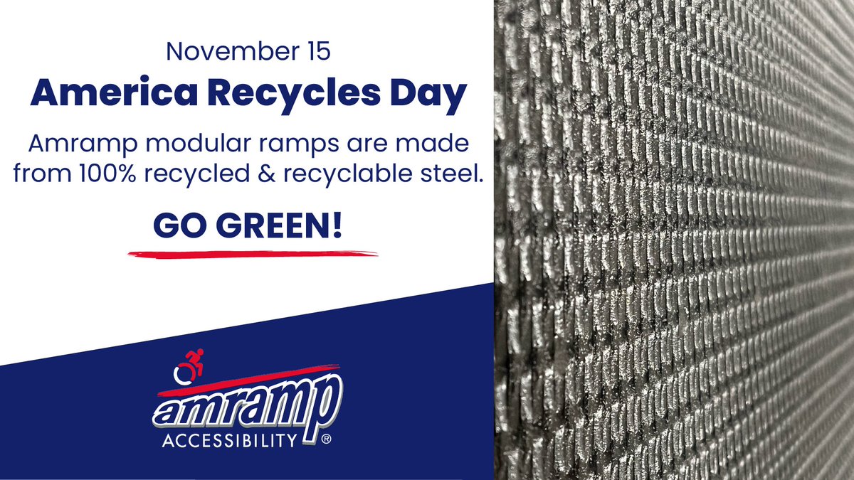 Amramp's tweet photo. Today is #AmericaRecyclesDay. Did you know our modular ramp systems are made from 100% recycled and recyclable steel? We're proud to #GoGreen, and to help bring accessibility to people in ways that simultaneously help protect our environment and the world around us. https://t.co/4dPNGeSbo3