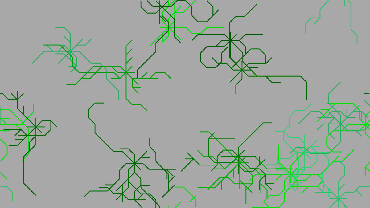 TurtleSpaces's tweet photo. Bermuda Grass #creativecoding #computerart
#codenewbies #STEMeducation #logocoding

TO bermudagrass
   reset : hideturtle
   
   setbackgroundcolor lightgray
   setbackgroundshade random [5] ;1 to 5
   
   setpenstyle "mark
   
   repeat 5 + random 20 [ ;repeat 5 - 24 times:
      penup
      
      randomposition
      setorigin position
      ;set home (origin) position
      
      setpencolor pick {green lightgreen cyan}
      setpenshade random 8
      
      repeat 8 [
         penup : home
         right 45 * repcount
         ;repcount = REPeat loop COUNTer
         ;number of times we've done this
         
         pendown : pushturtle
         ;push (save) the turtle state (position) to the stack
         
         repeat random [12] [ ;repeat 1 to 12 times:
            forward 10
            
            if randomp 2 [popturtle]
            ;if the result of a coin toss (randomp 2) is 0 (heads):
            ;pop (restore) the turtle state off the stack
            
            right pick [-45 0 45]
            pushturtle
         ]
         
      ]
      
   ]
END