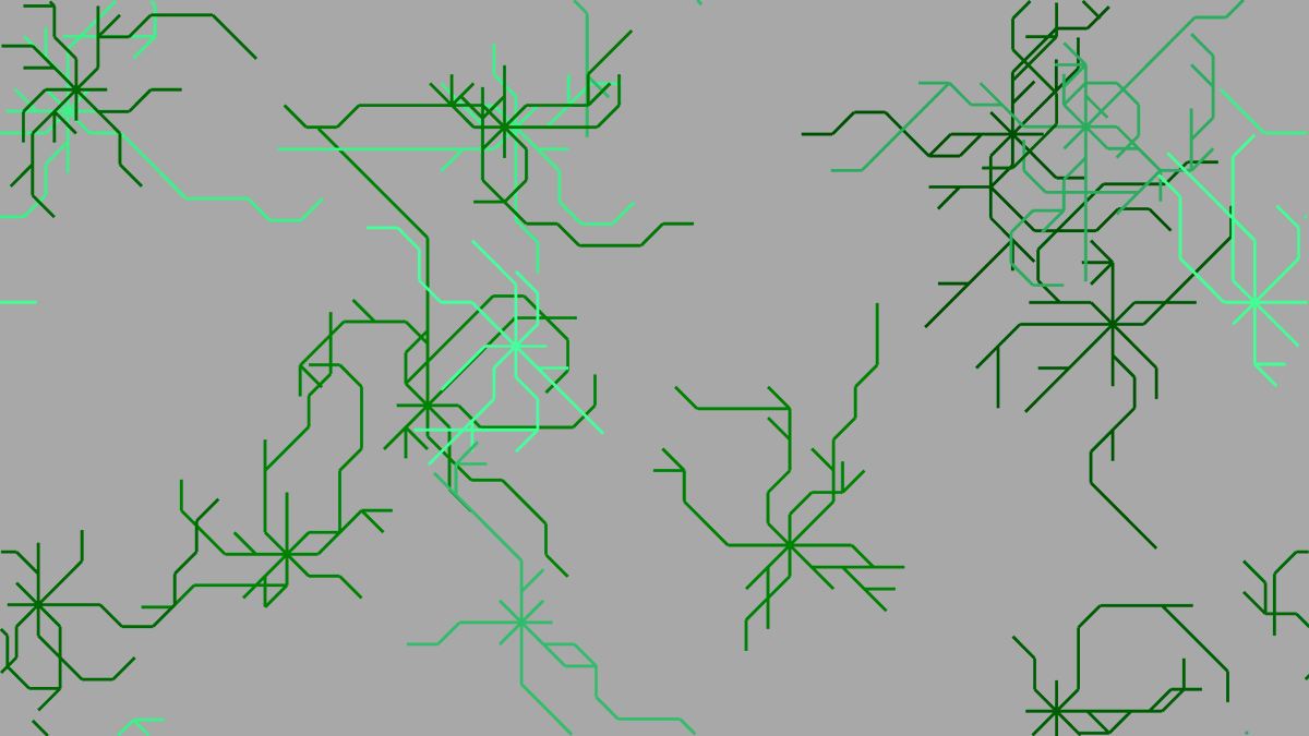 TurtleSpaces's tweet photo. Bermuda Grass #creativecoding #computerart
#codenewbies #STEMeducation #logocoding

TO bermudagrass
   reset : hideturtle
   
   setbackgroundcolor lightgray
   setbackgroundshade random [5] ;1 to 5
   
   setpenstyle "mark
   
   repeat 5 + random 20 [ ;repeat 5 - 24 times:
      penup
      
      randomposition
      setorigin position
      ;set home (origin) position
      
      setpencolor pick {green lightgreen cyan}
      setpenshade random 8
      
      repeat 8 [
         penup : home
         right 45 * repcount
         ;repcount = REPeat loop COUNTer
         ;number of times we've done this
         
         pendown : pushturtle
         ;push (save) the turtle state (position) to the stack
         
         repeat random [12] [ ;repeat 1 to 12 times:
            forward 10
            
            if randomp 2 [popturtle]
            ;if the result of a coin toss (randomp 2) is 0 (heads):
            ;pop (restore) the turtle state off the stack
            
            right pick [-45 0 45]
            pushturtle
         ]
         
      ]
      
   ]
END