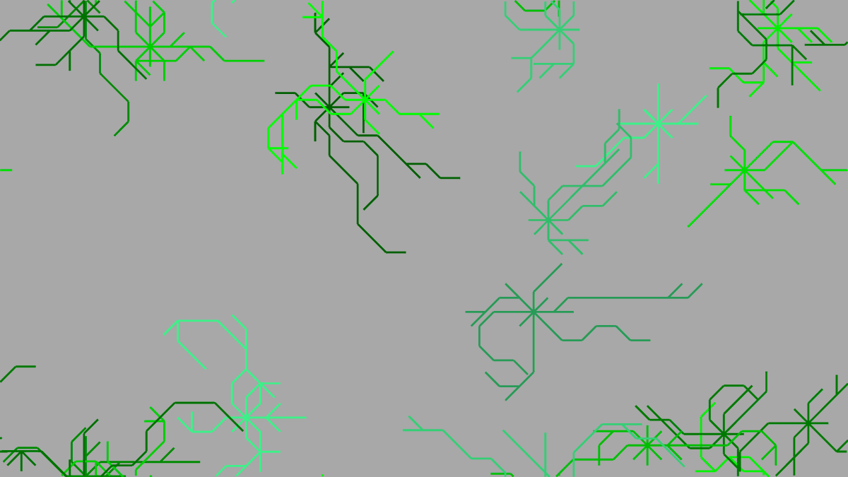 TurtleSpaces's tweet photo. Bermuda Grass #creativecoding #computerart
#codenewbies #STEMeducation #logocoding

TO bermudagrass
   reset : hideturtle
   
   setbackgroundcolor lightgray
   setbackgroundshade random [5] ;1 to 5
   
   setpenstyle "mark
   
   repeat 5 + random 20 [ ;repeat 5 - 24 times:
      penup
      
      randomposition
      setorigin position
      ;set home (origin) position
      
      setpencolor pick {green lightgreen cyan}
      setpenshade random 8
      
      repeat 8 [
         penup : home
         right 45 * repcount
         ;repcount = REPeat loop COUNTer
         ;number of times we've done this
         
         pendown : pushturtle
         ;push (save) the turtle state (position) to the stack
         
         repeat random [12] [ ;repeat 1 to 12 times:
            forward 10
            
            if randomp 2 [popturtle]
            ;if the result of a coin toss (randomp 2) is 0 (heads):
            ;pop (restore) the turtle state off the stack
            
            right pick [-45 0 45]
            pushturtle
         ]
         
      ]
      
   ]
END