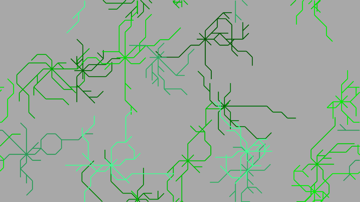 TurtleSpaces's tweet photo. Bermuda Grass #creativecoding #computerart
#codenewbies #STEMeducation #logocoding

TO bermudagrass
   reset : hideturtle
   
   setbackgroundcolor lightgray
   setbackgroundshade random [5] ;1 to 5
   
   setpenstyle "mark
   
   repeat 5 + random 20 [ ;repeat 5 - 24 times:
      penup
      
      randomposition
      setorigin position
      ;set home (origin) position
      
      setpencolor pick {green lightgreen cyan}
      setpenshade random 8
      
      repeat 8 [
         penup : home
         right 45 * repcount
         ;repcount = REPeat loop COUNTer
         ;number of times we've done this
         
         pendown : pushturtle
         ;push (save) the turtle state (position) to the stack
         
         repeat random [12] [ ;repeat 1 to 12 times:
            forward 10
            
            if randomp 2 [popturtle]
            ;if the result of a coin toss (randomp 2) is 0 (heads):
            ;pop (restore) the turtle state off the stack
            
            right pick [-45 0 45]
            pushturtle
         ]
         
      ]
      
   ]
END