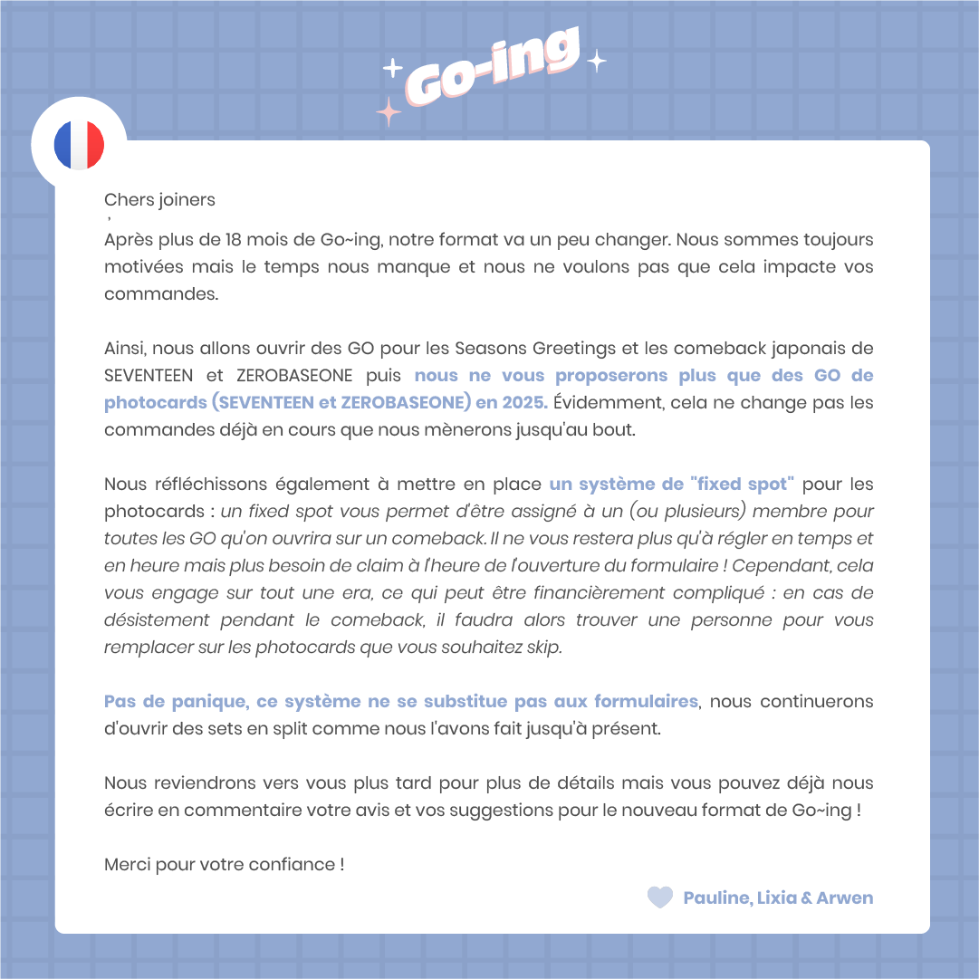 Going_EU's tweet photo. [#Going_Updates] Go~ing shop future 

🇬🇧 Dear joiners please read below ☺️ And don't hesitate to comment your questions ! Thank you for the past 18 months and for your trust ❤️

🇫🇷 https://t.co/rttxUohxNL joiners merci de lire ci-dessous ☺️ N'hésitez pas à poser vos questions en commentaires ! Merci pour ces 18 mois et pour votre confiance ❤️