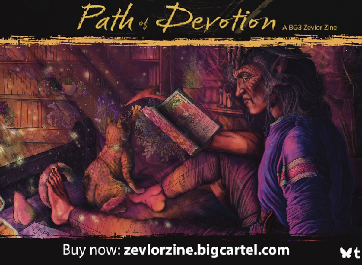 My Artwork preview for the zine :D 
Please share and support this wonderful project ☺️. So many talented artists and writers contributed and I'm still really shocked and humbled my pitch was picked 🫂🖤🫂.

#zevlor #baldursgate3 #bg3 #pathofdevotion #tiefling #hellrider
