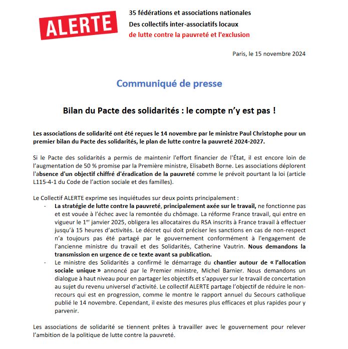 Collectif ALERTE (@collectifalerte) on Twitter photo 📢Bilan du Pacte des solidarités : le compte n'y est pas !
🚨Après leur rencontre avec <a href="/christophe_p/">Paul CHRISTOPHE</a> et <a href="/AnneRubinstein/">Anne Rubinstein</a>, les #associations partagent plusieurs constats et inquiétudes, tout en se tenant prêtes à travailler avec le <a href="/gouvernementFR/">Gouvernement</a>
👉lstu.fr/hyLWfVhr 📢Bilan du Pacte des solidarités : le compte n'y est pas !
🚨Après leur rencontre avec <a href="/christophe_p/">Paul CHRISTOPHE</a> et <a href="/AnneRubinstein/">Anne Rubinstein</a>, les #associations partagent plusieurs constats et inquiétudes, tout en se tenant prêtes à travailler avec le <a href="/gouvernementFR/">Gouvernement</a>
👉lstu.fr/hyLWfVhr