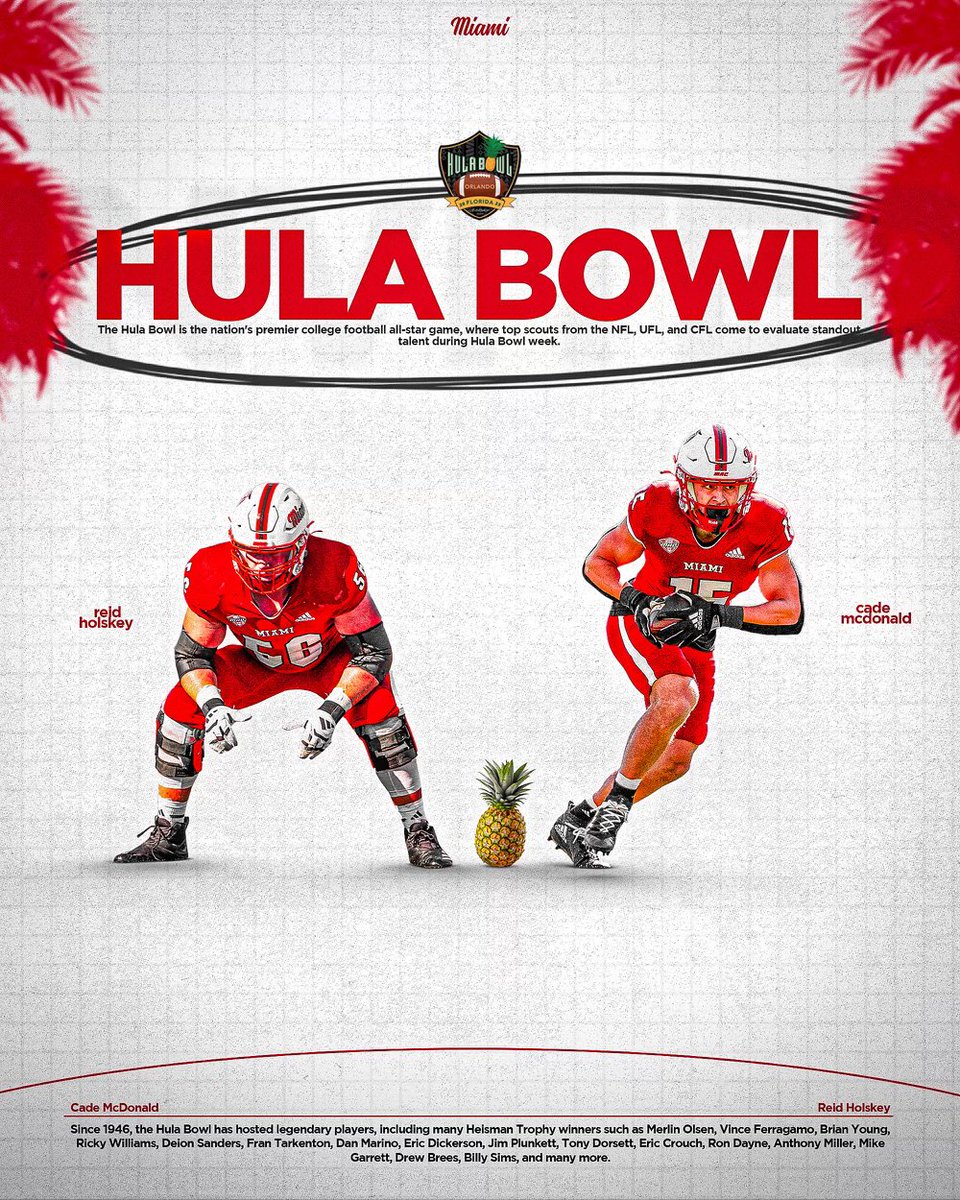 Miami Football (@miamiohfootball) on Twitter photo Hula Bowl Bound! ๐ฅ
Both <a href="/ReidHolskey/">Reid Holskey</a> and <a href="/CadeMcdonald11/">Cade Mcdonald</a> have officially accepted invitations to the 2025 Hula Bowl All-Star Game!
#RiseUpRedHawks | ๐๐ Hula Bowl Bound! ๐ฅ
Both <a href="/ReidHolskey/">Reid Holskey</a> and <a href="/CadeMcdonald11/">Cade Mcdonald</a> have officially accepted invitations to the 2025 Hula Bowl All-Star Game!
#RiseUpRedHawks | ๐๐