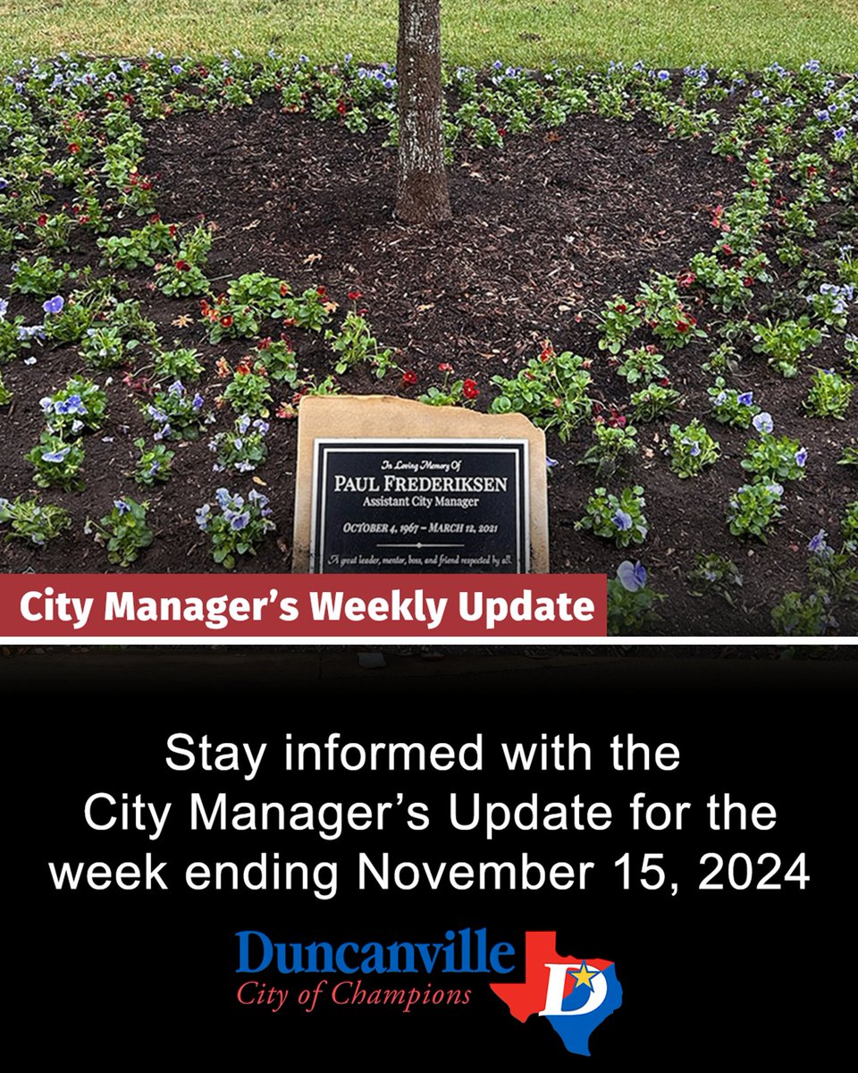 The City Manager updates the Duncanville Mayor and City Council on departmental activities and other significant items of interest. To keep the public better informed, the City is pleased to make those updates available to the citizens.

duncanvilletx.gov/news/weekly_up…