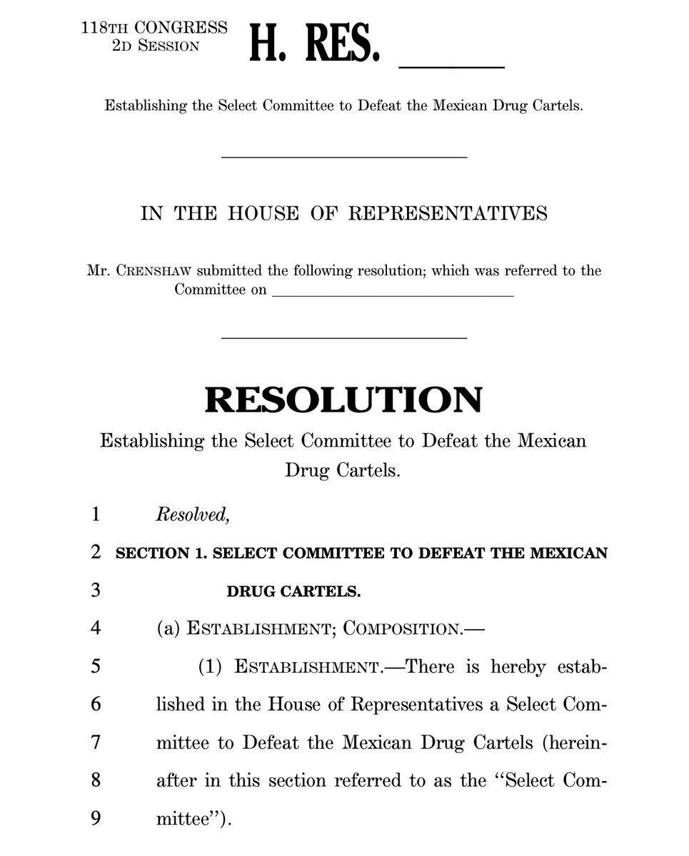 Last session, we created a Select Committee on China. This session, we must create a select committee on MEXICAN DRUG CARTELS.

Here’s why <a href="/SpeakerJohnson/">Speaker Mike Johnson</a> should do it:

1. The cartels are the greatest near-term threat. Full stop. President Trump agrees.

2. I lead the House