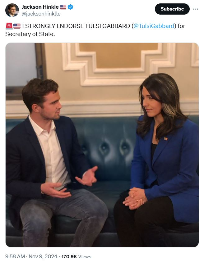 TrevorLoudon1's tweet photo. Today's #TulsiFiles post surrounds Jackson Hinkle, Executive Board Member of the recently-founded "American Communist Party" and long-time Tulsi Gabbard fanboy and surfing buddy (see images attached).
On November 9, 2024, Jackson Hinkle endorsed Tulsi Gabbard for Secretary of State.
Jackson Hinkle is a prominent communist, who openly supports Russia, Iran and China and boasts 2.8M followers on X.
If Tulsi Gabbard has truly embraced Republican values, why are communists still supporting her?