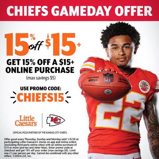 Trent McDuffie (@trent_mcduffie) on Twitter photo Hey Chiefs Kingdom – use code Chiefs15 to save 15% on your online order of $15+ on gameday from <a href="/littlecaesars/">Little Caesars Pizza</a>! Hey Chiefs Kingdom – use code Chiefs15 to save 15% on your online order of $15+ on gameday from <a href="/littlecaesars/">Little Caesars Pizza</a>!