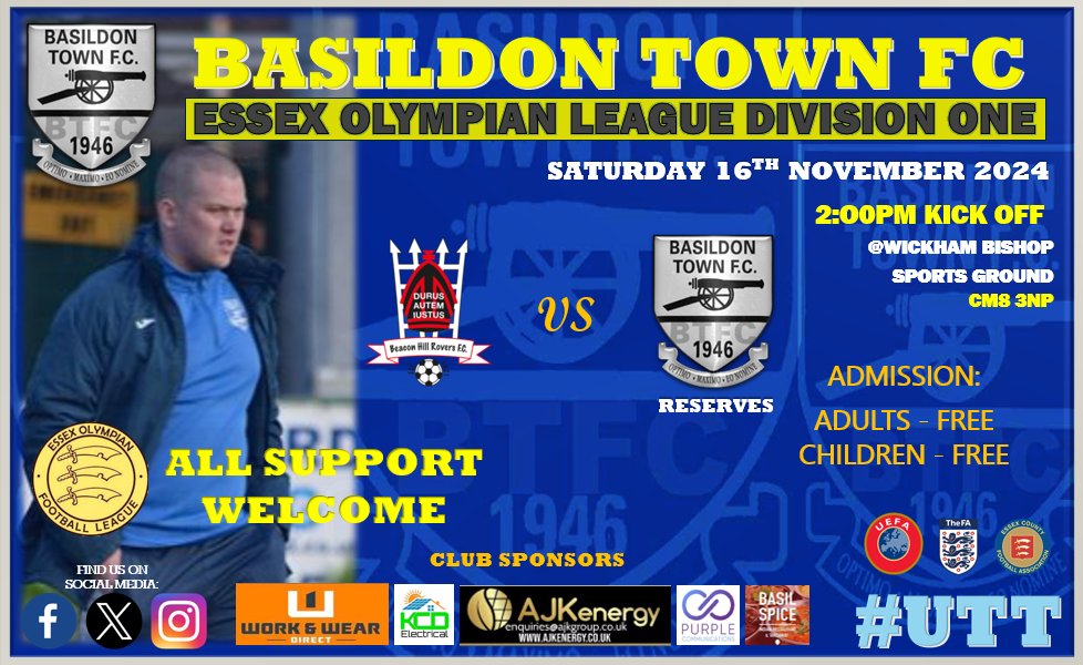 ⭐️ NEXT RESERVE TEAM MATCH ⭐️

⌛️ TOMORROW ⌛️

🔵⚪️  SENIOR MENS RESERVE TEAM 🔵⚪️
🚨 2024/25 🚨
⚽️ Essex Olympian League Division One
Beacon Hill Rovers FC vs <a href="/BasTownFC/">Basildon Town FC</a> 
📆 SAT 16TH NOVEMBER
🏟  Wickham Bishop Playing Ground
⚽ K.O 2:00pm
All Support Welcome

#UTT ⚽️🔵⚪️