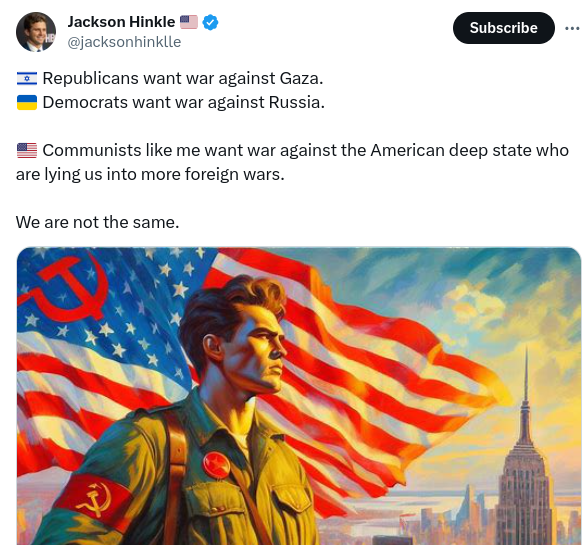 TrevorLoudon1's tweet photo. Today's #TulsiFiles post surrounds Jackson Hinkle, Executive Board Member of the recently-founded "American Communist Party" and long-time Tulsi Gabbard fanboy and surfing buddy (see images attached).
On November 9, 2024, Jackson Hinkle endorsed Tulsi Gabbard for Secretary of State.
Jackson Hinkle is a prominent communist, who openly supports Russia, Iran and China and boasts 2.8M followers on X.
If Tulsi Gabbard has truly embraced Republican values, why are communists still supporting her?