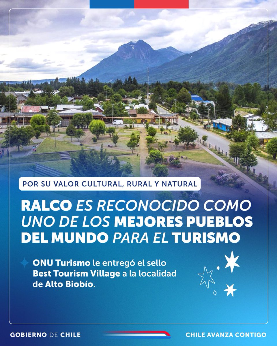 seremieconomia8's tweet photo. “Best Tourism Village” para #Ralco 🏅
✨ONU Turismo le entregó el sello “Best Tourism Village” a la localidad de #Ralco, en Alto Biobío, por su importante valor cultural y rural, y se convierte en uno de los mejores pueblos para visitar de Chile y el mundo 🙌 https://t.co/b2zAha6Kia
