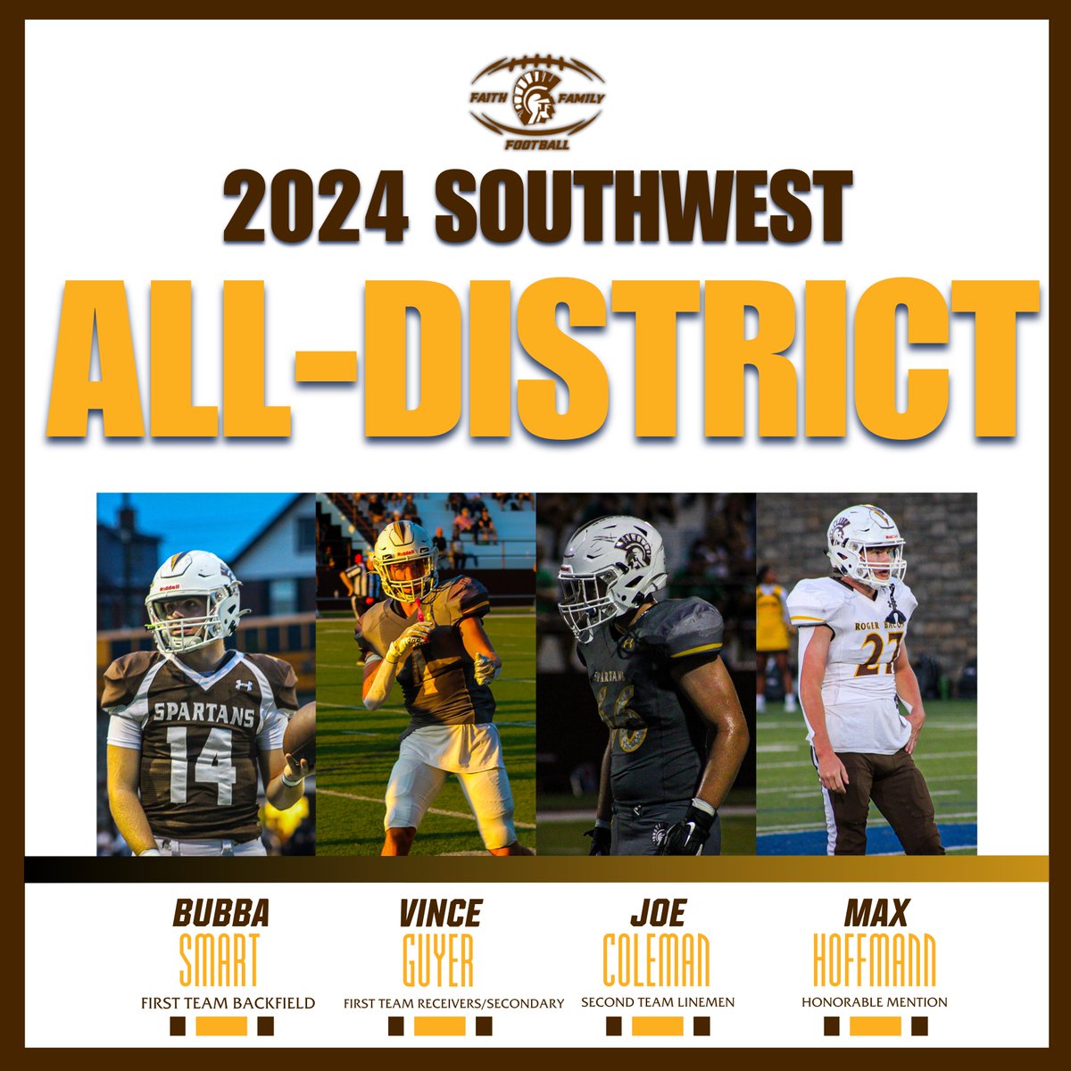 Congratulations to our 4 <a href="/RogerBaconFB/">Roger Bacon Football</a>  players who earned Southwest All-District honors!

Bubba Smart - First Team Offense, Backfield
Vince Guyer - First Team Offense, Receivers. First Team Defense, Secondary
Joe Coleman - Second Team Offense, Linemen
Max Hoffman - Honorable