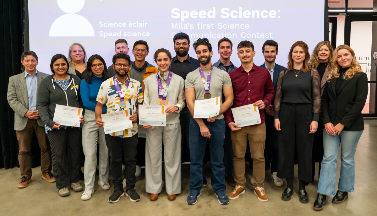 Mila - Institut québécois d'IA (@mila_quebec) on Twitter photo Félicitations aux lauréats du premier concours de communication scientifique Science éclair qui s'est tenu hier à Mila!
🥇 Dounia Shaaban Kabakibo
🥈 Arna Ghosh (<a href="/arna_ghosh/">Arna Ghosh</a>)
🥉 Abdelrahman Zayed (<a href="/AbdelZayed1/">Abdelrahman Zayed</a>)
Le concours a été conçu afin de souligner l'excellence académique de Félicitations aux lauréats du premier concours de communication scientifique Science éclair qui s'est tenu hier à Mila!
🥇 Dounia Shaaban Kabakibo
🥈 Arna Ghosh (<a href="/arna_ghosh/">Arna Ghosh</a>)
🥉 Abdelrahman Zayed (<a href="/AbdelZayed1/">Abdelrahman Zayed</a>)
Le concours a été conçu afin de souligner l'excellence académique de