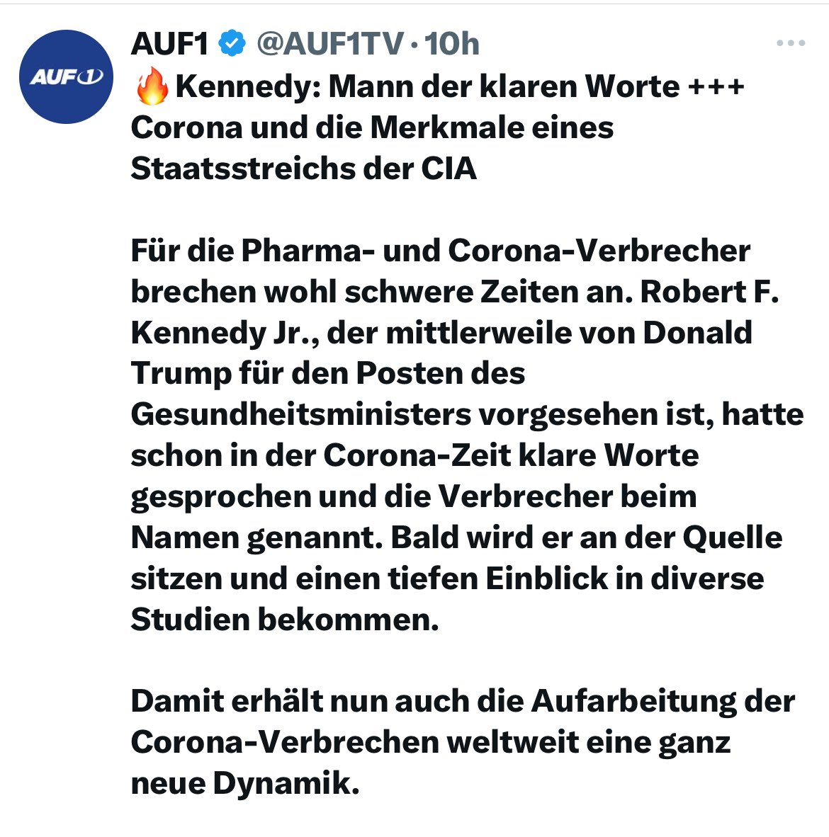Der Haus&amp;Hofkanal der FPÖ kann sich vor Begeisterung über den Impfgegner und Verschwörungsfreak Kennedy als Gesundheitsminister unter Trump nicht mehr einkriegen.