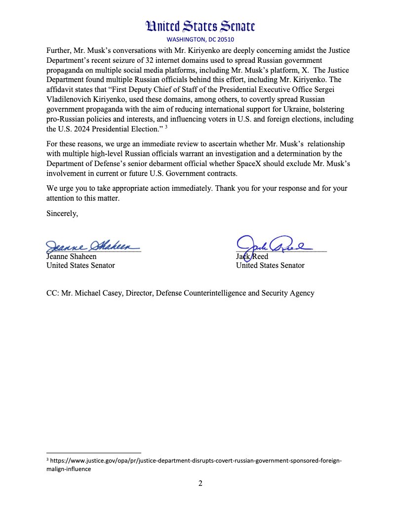 NEW: Democratic senators Shaheen and Reed ask Pentagon watchdog and Justice Department to investigate Elon Musk's contacts with Russians given Musk's security clearance and SpaceX defense contracts: