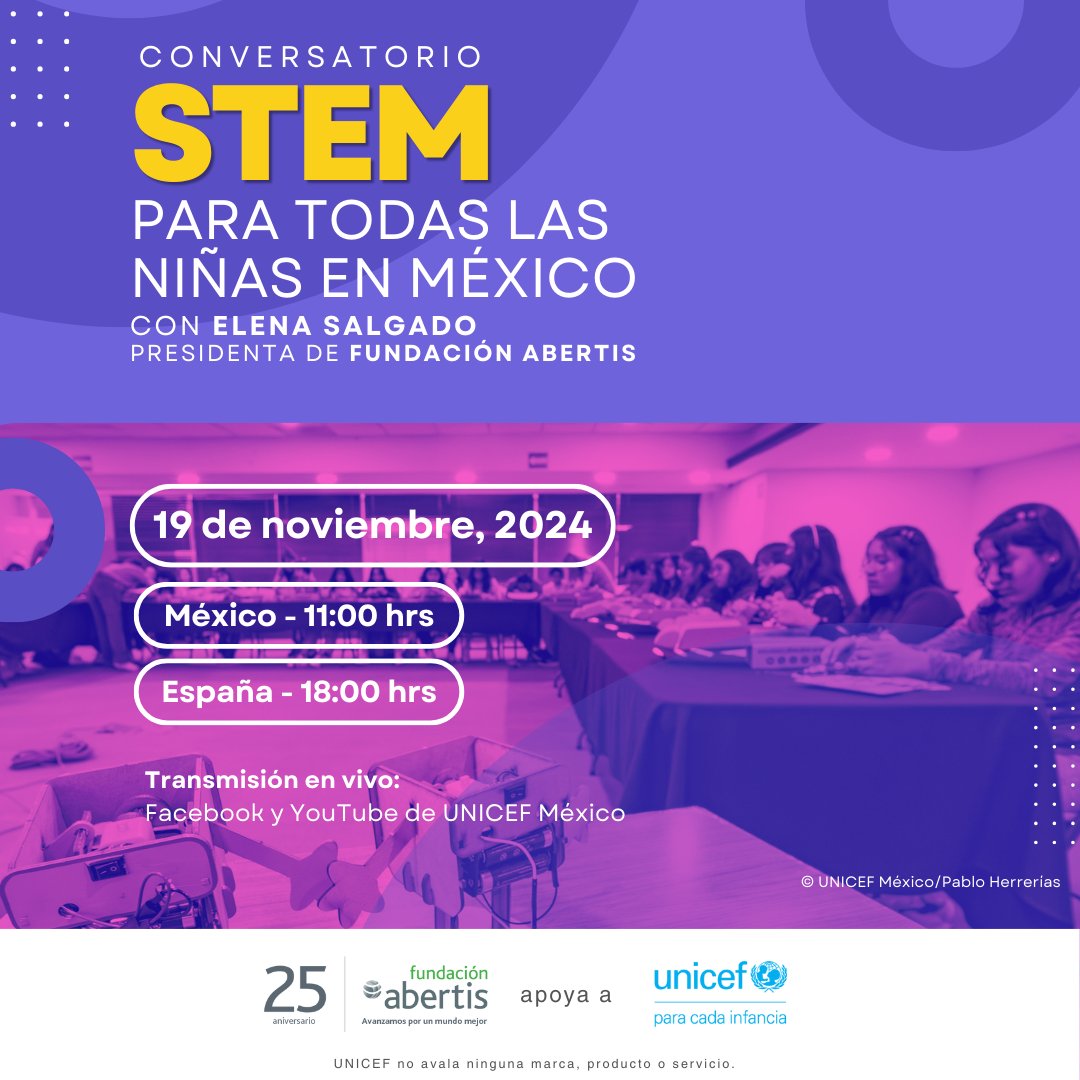 UNICEFMexico's tweet photo. Desarrollar habilidades en Ciencias, Tecnología, Ingeniería y Matemáticas en las niñas les brinda mejores oportunidades✨
Junto a @fundacioabertis y @Unicef_es, potenciamos el #TalentoFemenino. 
Únete a esta charla inspiradora📺: https://t.co/TthiO5gPKG https://t.co/qhmdCLioVF