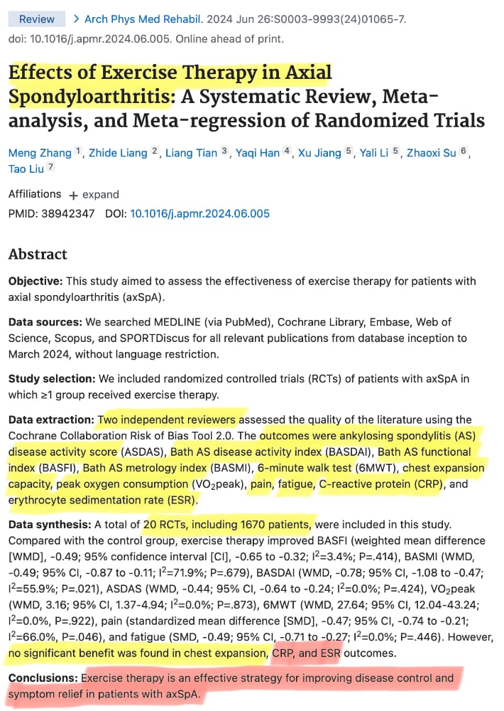 More evidence that exercise is anti-inflammatory…not just long term and systemically, but sooner and more specifically.

NEW POST, 3-min read, about an encouraging review of exercise for axial spondyloarthritis (inflammatory pathology of the spine).

PainScience.com/blog/exercise-…