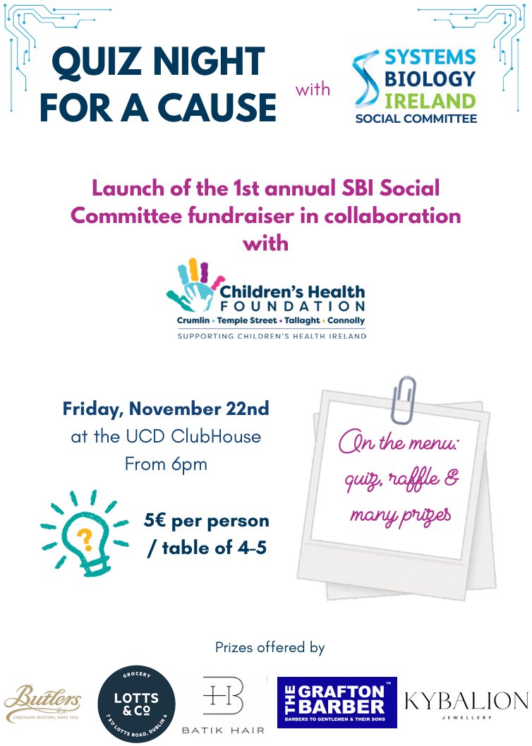 Myriam Nabhan (@myriamnabhan) on Twitter photo Support our <a href="/sysbioire/">Systems Biology Ire</a> Social Committee #fundraiser for the <a href="/CHFIreland/">Children's Health Foundation</a> Giggle Fund for hopitalised children.
Join us in <a href="/ucddublin/">University College Dublin</a> & help us make a difference 1️⃣Bake Sale, Nov 18th & 2️⃣Pub Quiz, Nov 22nd
You can also donate here: lnkd.in/dZ62REjv
🧵👇🏼
#research #science Support our <a href="/sysbioire/">Systems Biology Ire</a> Social Committee #fundraiser for the <a href="/CHFIreland/">Children's Health Foundation</a> Giggle Fund for hopitalised children.
Join us in <a href="/ucddublin/">University College Dublin</a> & help us make a difference 1️⃣Bake Sale, Nov 18th & 2️⃣Pub Quiz, Nov 22nd
You can also donate here: lnkd.in/dZ62REjv
🧵👇🏼
#research #science