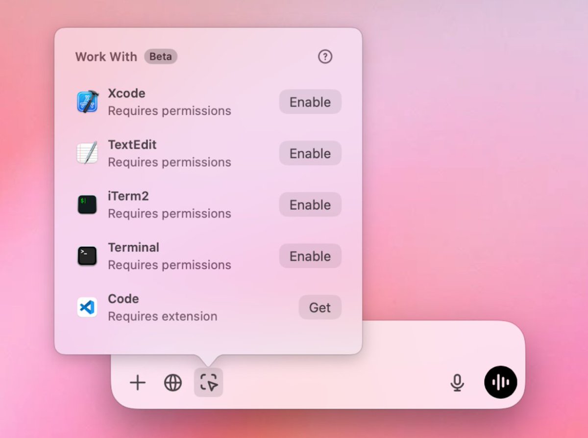 minchoi's tweet image. Just yesterday, OpenAI dropped NEW ChatGPT + Work With App.

ChatGPT can now work with Xcode, Terminal, VS Code, TextEdit, iTerm2.

ChatGPT AI Assistants are becoming more useful, practical and contextual.

🧵