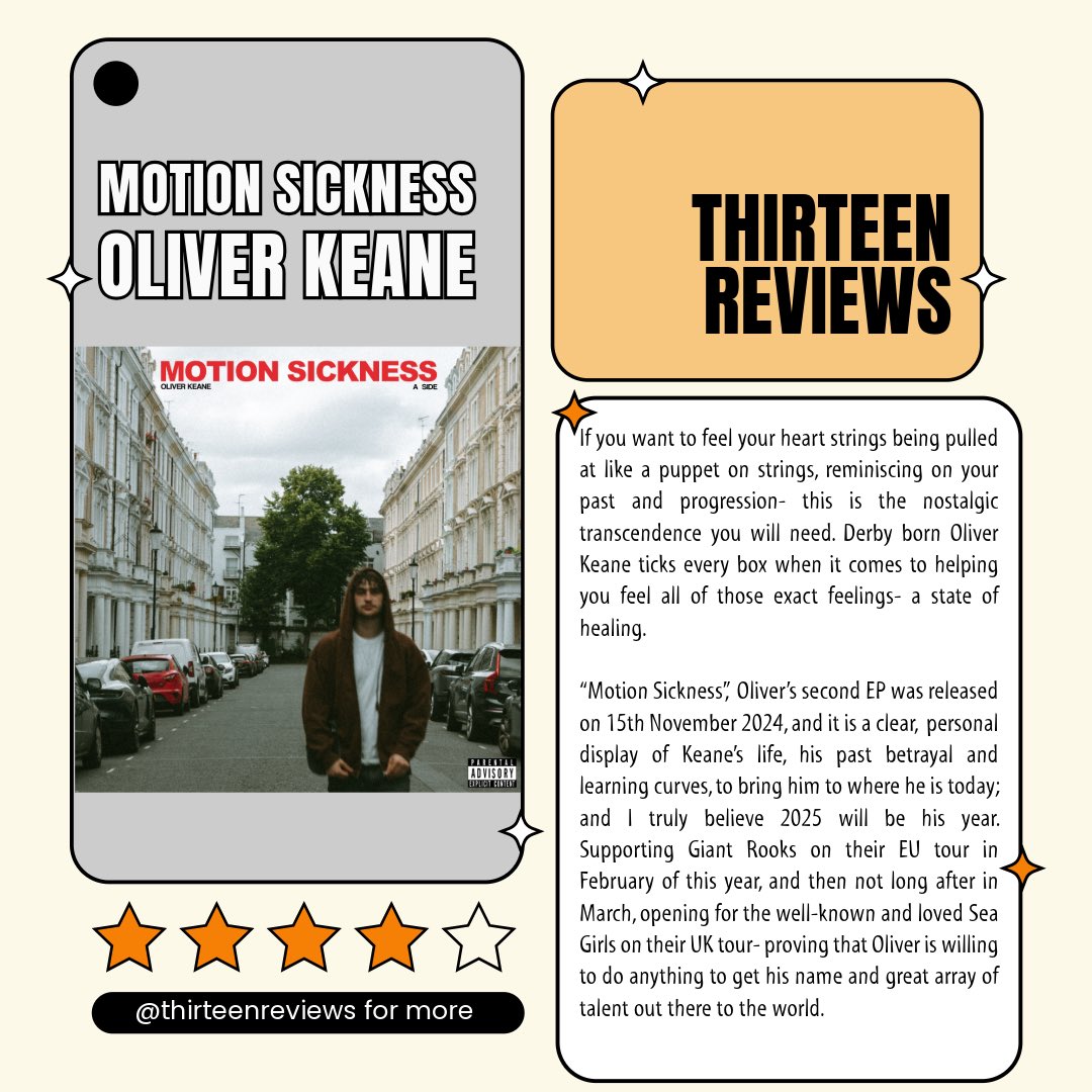 thirteenreviews's tweet photo. 🔸 MOTION SICKNESS by Oliver Keane 🔸
@oliverkeanemusic 
I absolutely loved reviewing this, this man definitely deserves all of the love, recognition and more. I have left a link in my bio to buy tickets for his debut headline show in London. https://t.co/KWQ49Pgz95