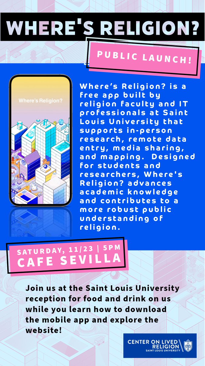 The Center on Lived Religion is excited to invite you to the public launch of the Where's Religion? App at the 2024 AAR/SBL Meeting in San Diego!  #aar #aarsbl #aarsbl24 #sblaar24 @aarweb @hlucefdn