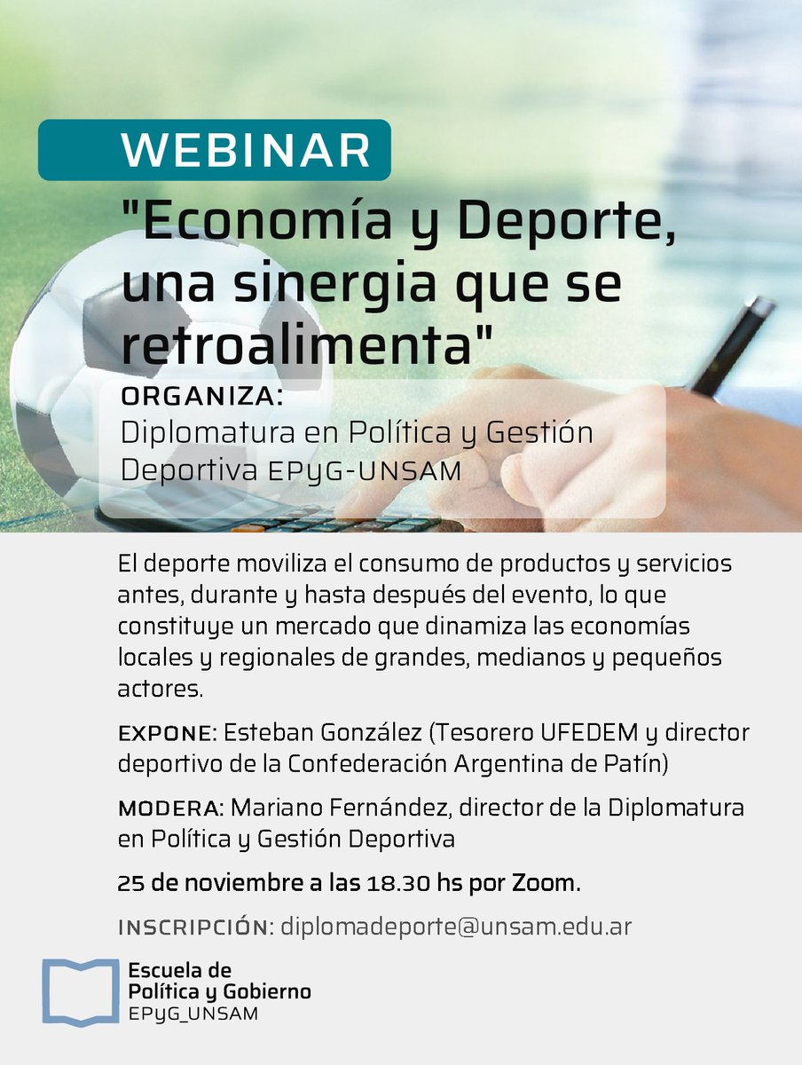 UNSAM_EPyG's tweet photo. Webinar "Economía y Deporte, una sinergia que se retroalimenta"

Con Esteban González (Tesorero UFEDEM) 

Modera: Mariano Fernández (Dir. Diplomatura en Política y Gestión Deportiva de la EPyG)

📌 ¿Cuándo? 25/11, 18.30 hs por Zoom.
✅ Inscripción acá: https://t.co/fZRKTJXSjq https://t.co/Wh1LnAlduK