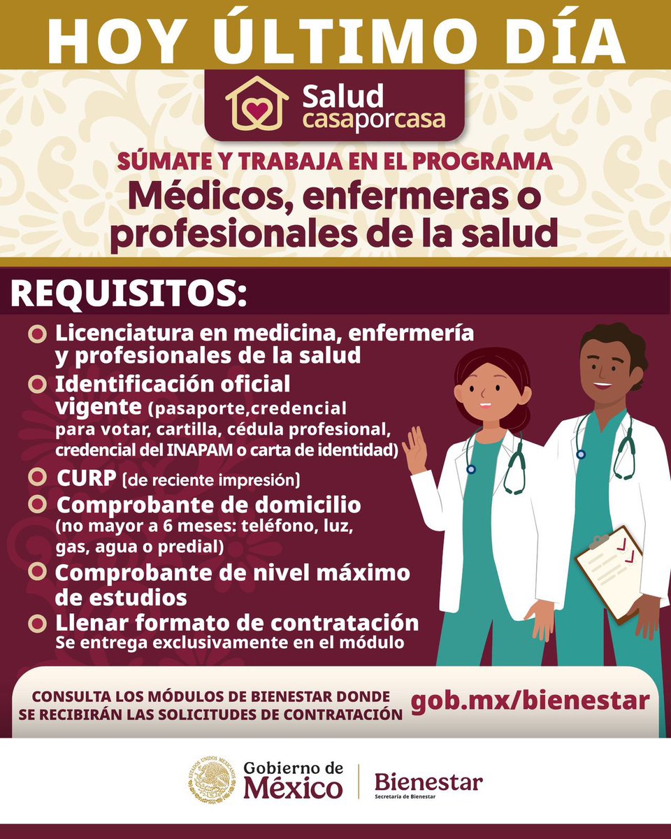 A_MontielR's tweet image. ❤️Atención, médicos, enfermeras y profesionales de la salud👵👨‍🦽❤

¡Apresúrate! Si quieres trabajar en el programa #SaludCasaPorCasa, hoy es el último día para presentar tu solicitud de contratación en el #MóduloBienestar más cercano a tu domicilio, ubícalo aquí:…