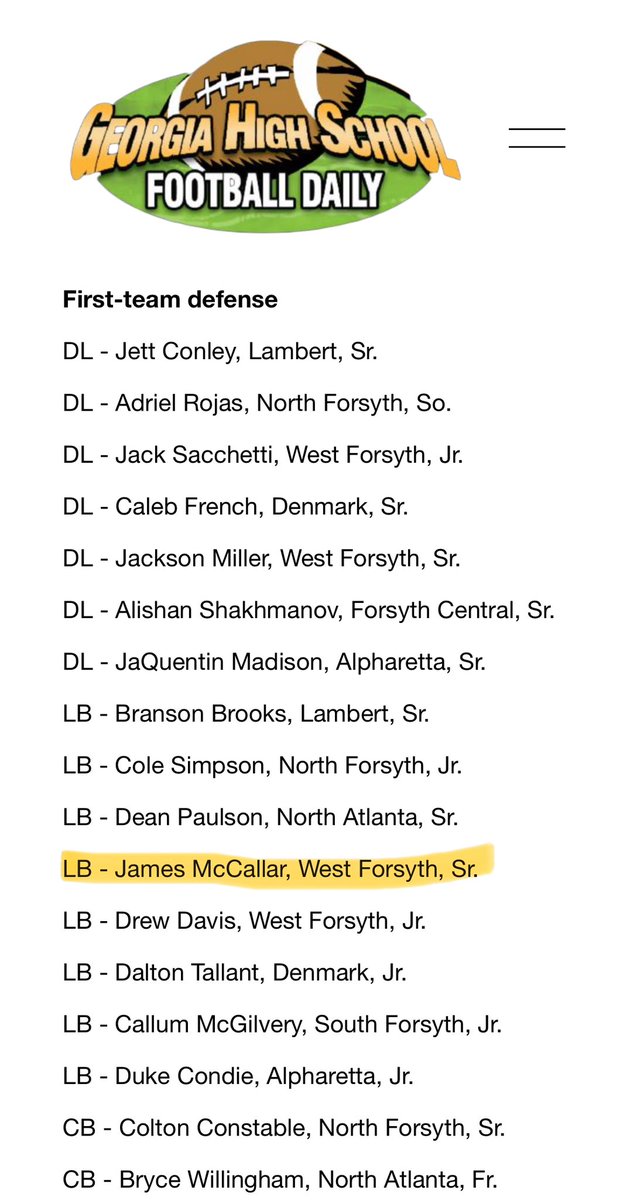 James McCallar (@mccallarjames) on Twitter photo Honored to be named first-team all-region for the second year in a row! <a href="/WestForsythFB/">WestForsythFootball</a> <a href="/recruits_west/">West Forsyth Football Recruits</a> <a href="/DBarker2442/">Coach Barker</a> <a href="/RecruitGeorgia/">Recruit Georgia</a> <a href="/247Sports/">247Sports</a> <a href="/GHSFdaily/">GHSF Daily</a> <a href="/RickyTurner19/">Ricky Turner</a> <a href="/CoachWindham/">Will Windham</a> <a href="/CoachWright37/">Dontae Wright</a> <a href="/MichaelRyanDay/">Michael Day</a> <a href="/CoachKuzemka/">Nicky Kuzemka</a> <a href="/FB_CoachElliott/">Joel Elliott</a> <a href="/Coach_SMurray/">Sam Murray</a> Honored to be named first-team all-region for the second year in a row! <a href="/WestForsythFB/">WestForsythFootball</a> <a href="/recruits_west/">West Forsyth Football Recruits</a> <a href="/DBarker2442/">Coach Barker</a> <a href="/RecruitGeorgia/">Recruit Georgia</a> <a href="/247Sports/">247Sports</a> <a href="/GHSFdaily/">GHSF Daily</a> <a href="/RickyTurner19/">Ricky Turner</a> <a href="/CoachWindham/">Will Windham</a> <a href="/CoachWright37/">Dontae Wright</a> <a href="/MichaelRyanDay/">Michael Day</a> <a href="/CoachKuzemka/">Nicky Kuzemka</a> <a href="/FB_CoachElliott/">Joel Elliott</a> <a href="/Coach_SMurray/">Sam Murray</a>