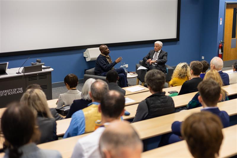 UniWestScotland's tweet photo. This evening, @CliveMyrieBBC, celebrated broadcaster, journalist and writer, and recipient of an honorary doctorate from UWS, joined our Principal Professor James Miller for an inspiring ‘In Conversation’ fireside chat, sharing insights from his remarkable career. #UWSGrad https://t.co/KI07B1jiwA