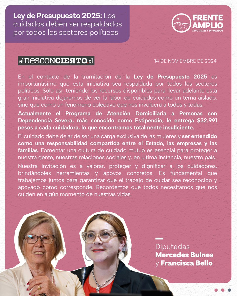 DiputadaBulnes's tweet image. Ley de #Presupuesto2025: Los cuidados deben ser respaldados por todos los sectores políticos
Columna de opinión por @diputadabulnes y
@mfranbello ✍🏼
Lee la columna completa en: eldesconcierto.cl/2024/11/14/ley…