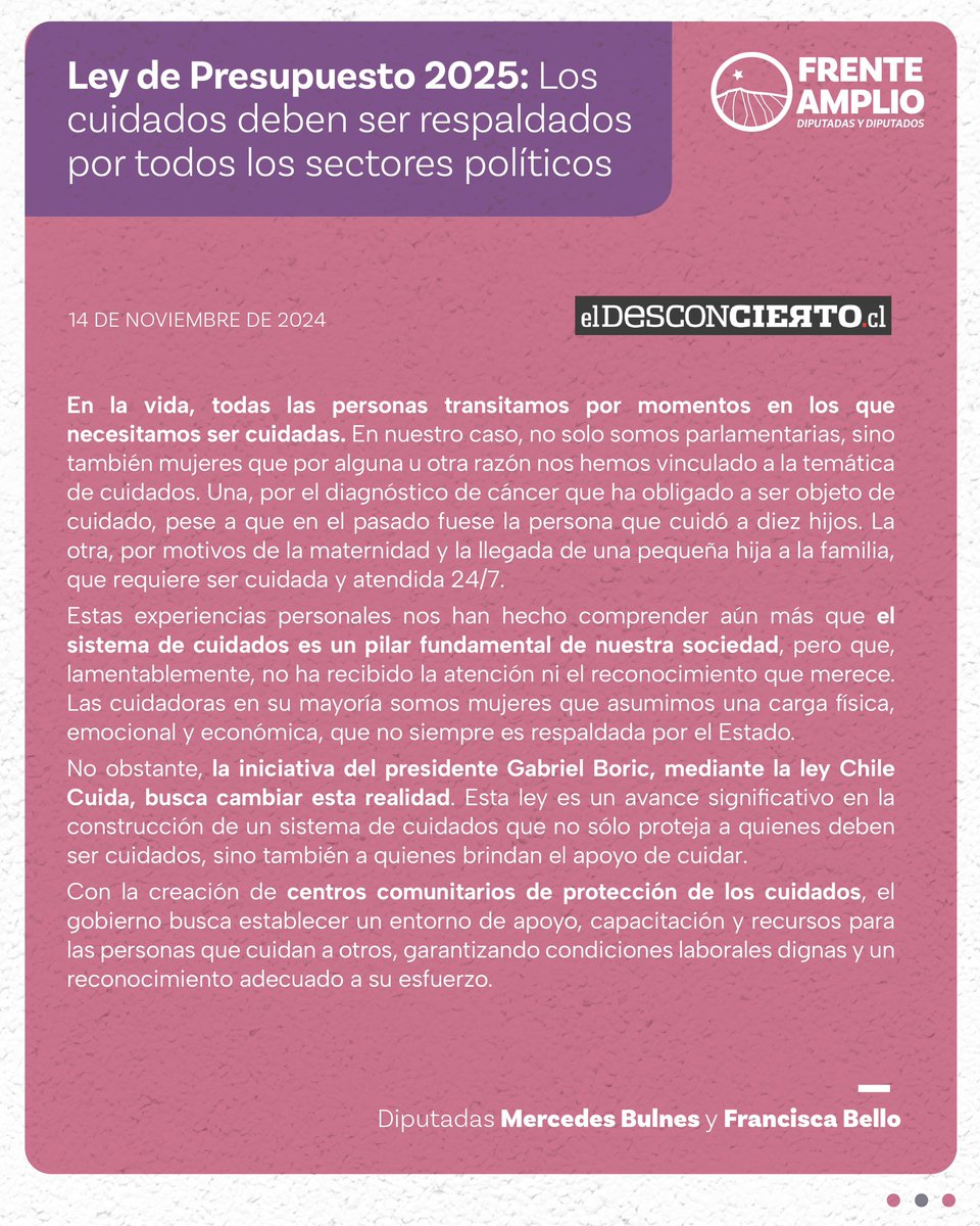 DiputadaBulnes's tweet image. Ley de #Presupuesto2025: Los cuidados deben ser respaldados por todos los sectores políticos
Columna de opinión por @diputadabulnes y
@mfranbello ✍🏼
Lee la columna completa en: eldesconcierto.cl/2024/11/14/ley…