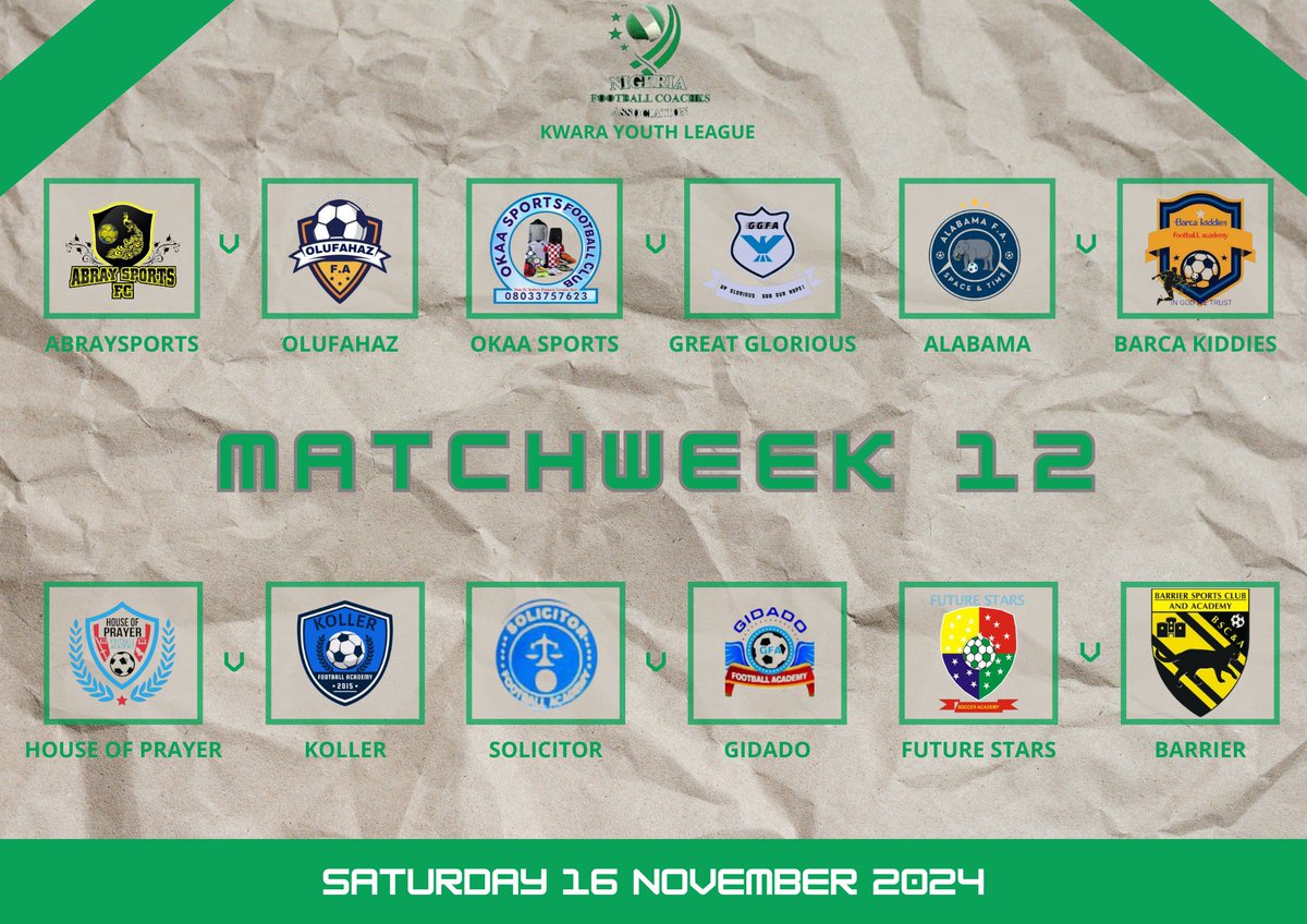 KWARA YOUTH LEAGUE MATCHDAY 12

⚽ House of Prayer take on Koller in a thrilling opener
⚽ Abraysports look to end losing streak against winless Olufahaz
⚽ Alabama take on Group A leaders Barca Kiddies

#KYL24 #YouthFootball