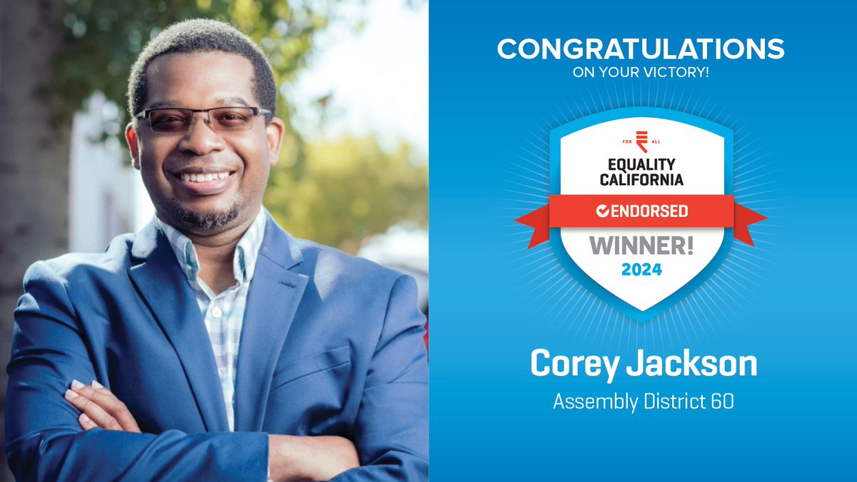 eqca's tweet photo. We're very happy to see @calgbt member @jackson835 win reelection in #AD60! We are excited to continue partnering with him as we keep fighting for a world thatโs healthy, just, and fully equal for every LGBTQ+ person. ๐ณ๏ธโ๐๐ณ๏ธโโง๏ธ #EqualityWins https://t.co/ewWrL9sGMb