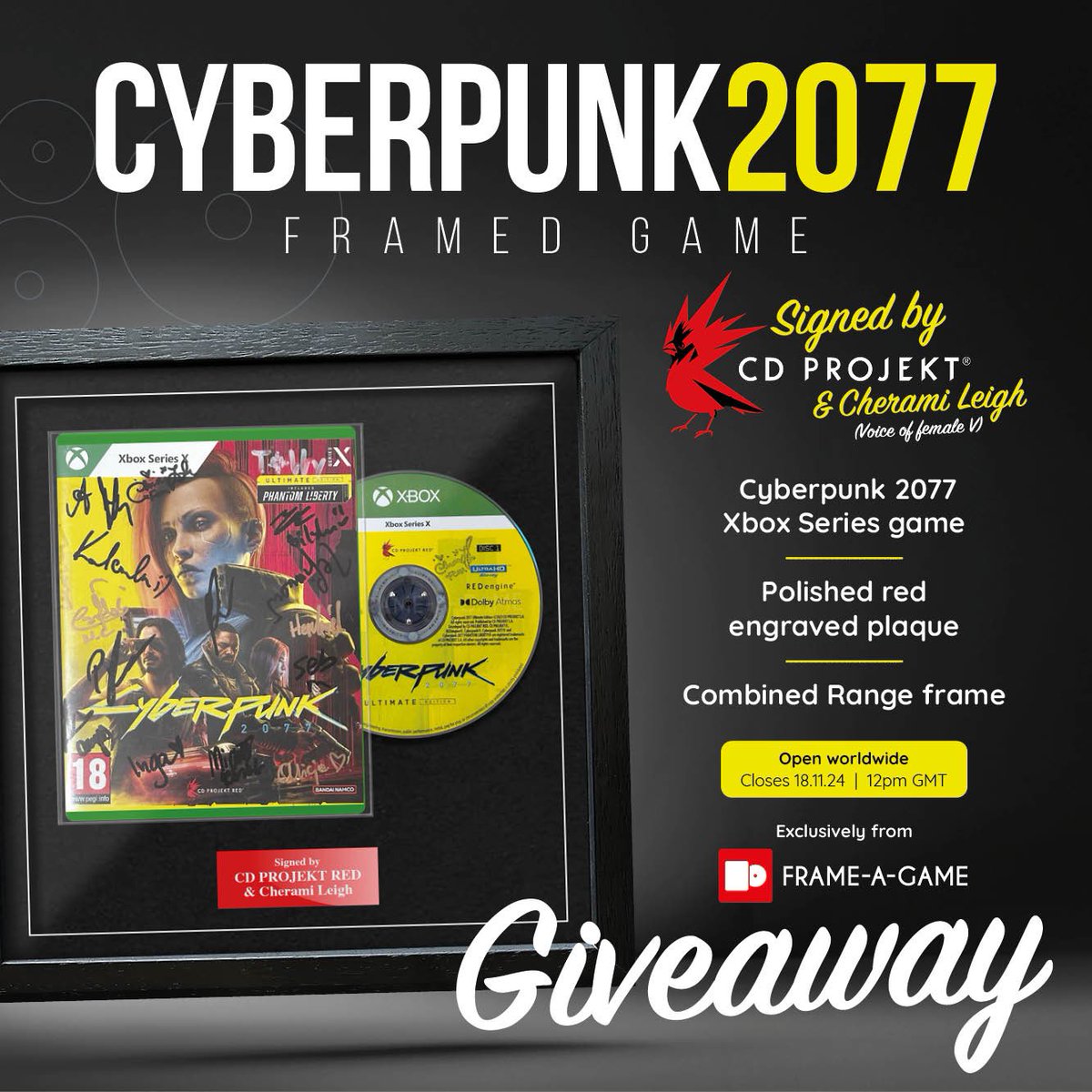 FrameAGame's tweet photo. Hey Chooms! 👋

This is your chance to WIN a copy of Cyberpunk 2077 signed by the wonderful folks at @CDPROJEKTRED and the amazing @CheramiLeigh!

To be in for a chance:

👉 Retweet this Tweet
👉 Follow @frameagame

Closes 18.11.24 at 12pm BST.
Open to all!

Good luck. ❤️💛 https://t.co/MbrwsZGYXP