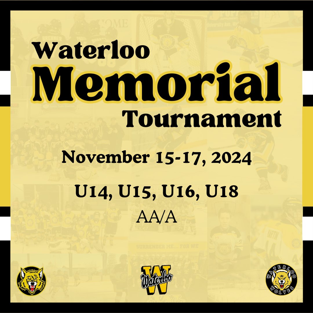 We're kicking off our annual Waterloo Memorial Tournament today! 

We have 32 teams competing over the U14, U15, U16 and U18 divisions. 

Come watch some great hockey and cheer on the Wolves 🐺