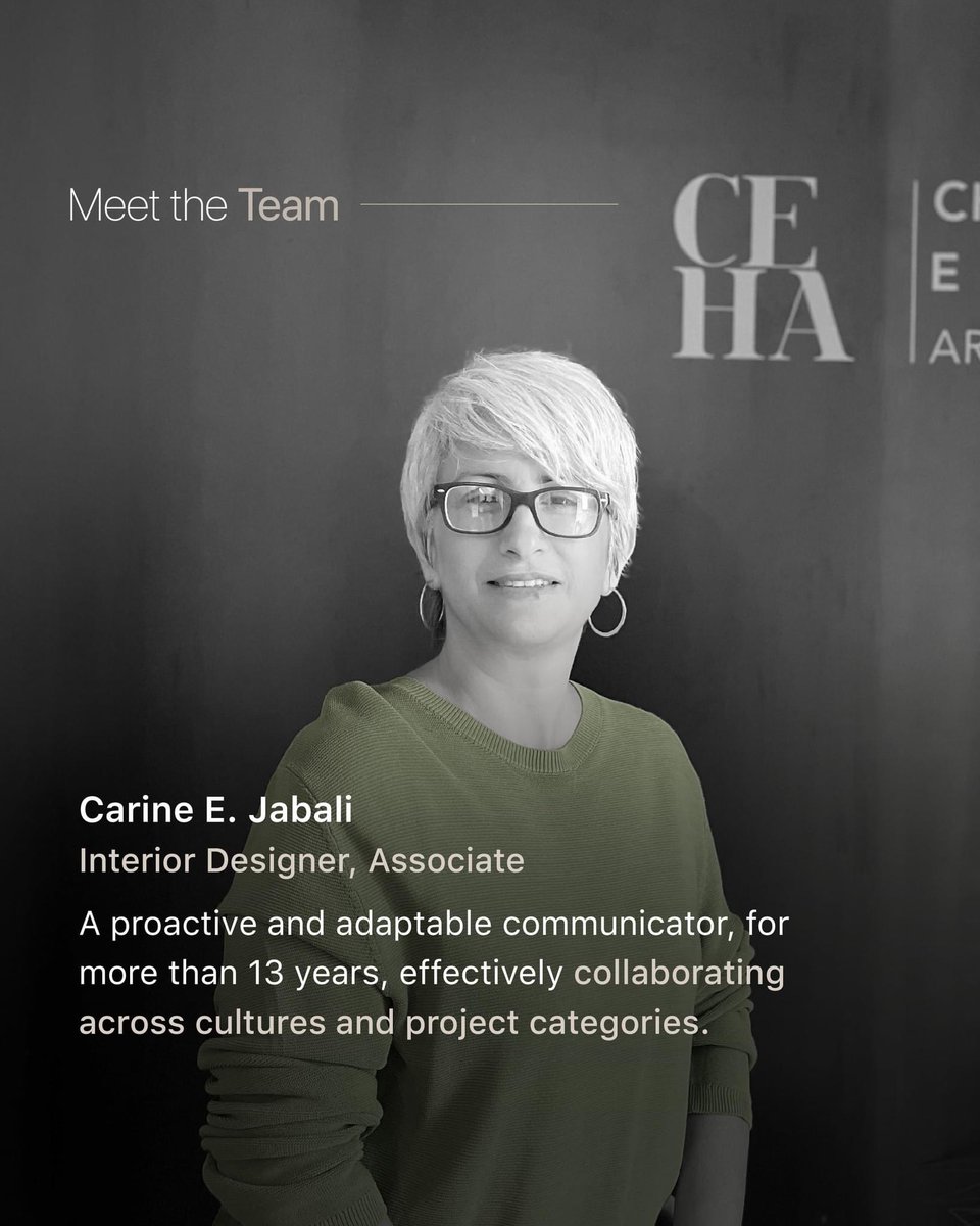 ArchitectsCeh's tweet photo. Meet Carine Jabali , a passionate interior designer who uses her creativity to express herself. She is known for her proactive approach, adaptability, and strong communication and time management skills. https://t.co/bVzj3c1XhG