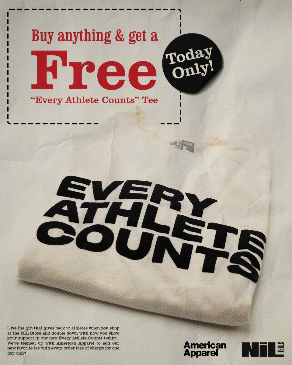 ragincajunsnil's tweet image. Shop &amp;amp; support your favorite athlete!

@nil_store x @americanapparel are giving back to our customers who show up to support to their favorite players with a free Every Athlete Counts T-Shirt in every order, today only!

Shop: nil.store