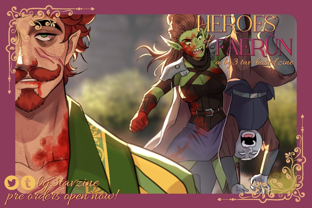 Preview for the Tav-centric <a href="/BG3tavzine/">Heroes of Faerûn - a BG3 Tav zine</a>, featuring my Tav and his group of chaotic teammates ✨

Pre-orders are open until November 30th! 

Get your zines, hot off the press, here! heroesoffaerun.bigcartel.com